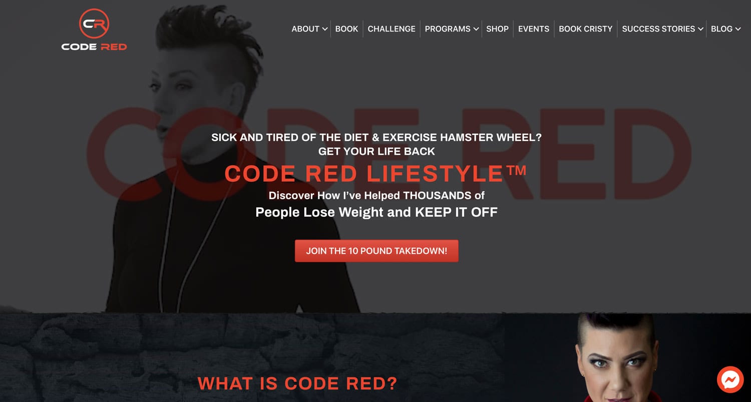 A home webpage of "Code Red Lifestyle" with a header, navigation menu, and content area, possibly showcasing services