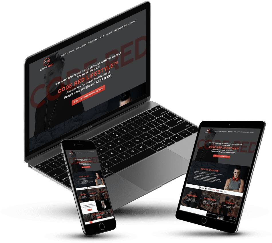 A Code Red Lifestyle case study website mockup shown on laptops, tablets, and smartphones