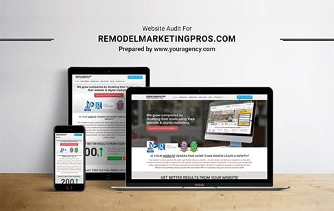 An audit of remodel marketing pros checkout page on laptop, phone and tablet mock-up