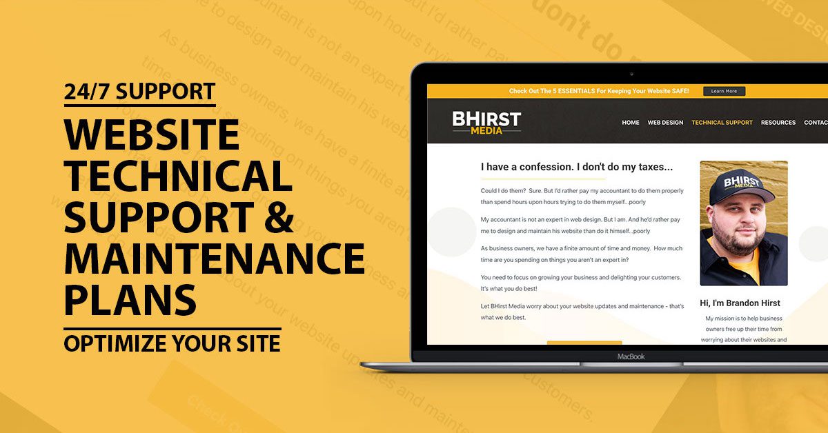 A mock-up of the web site's technical support and maintenance plans on a yellow background