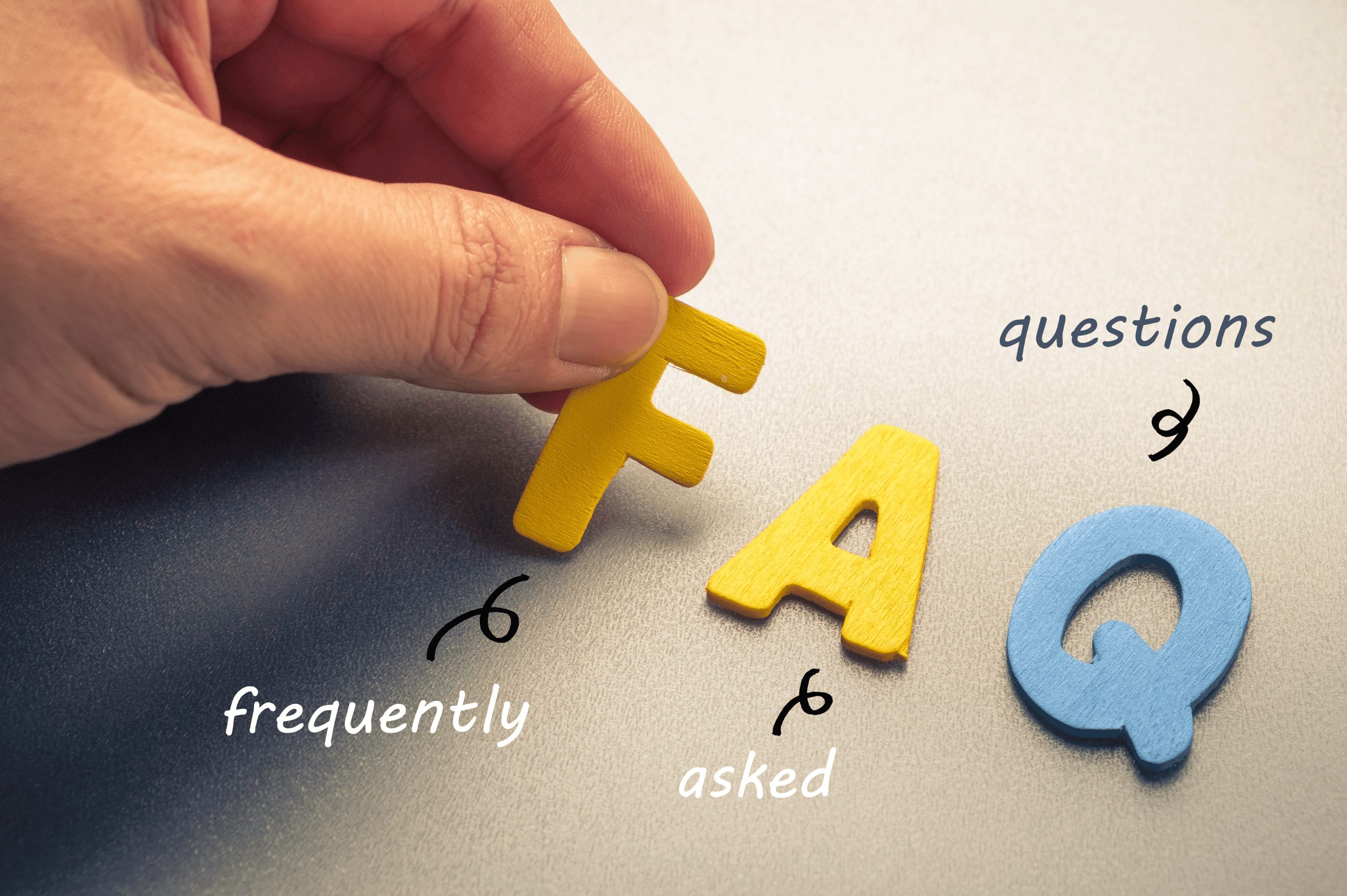 A hand showing that FAQ stands for Frequently Asked Questions