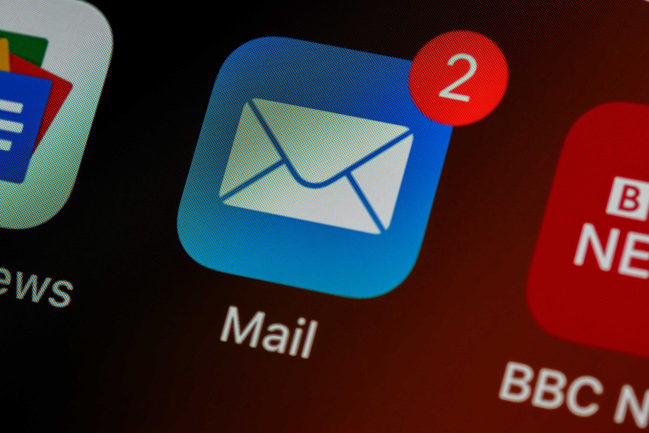 A blue envelope mail icon with a badge notification of two new messages in email inbox