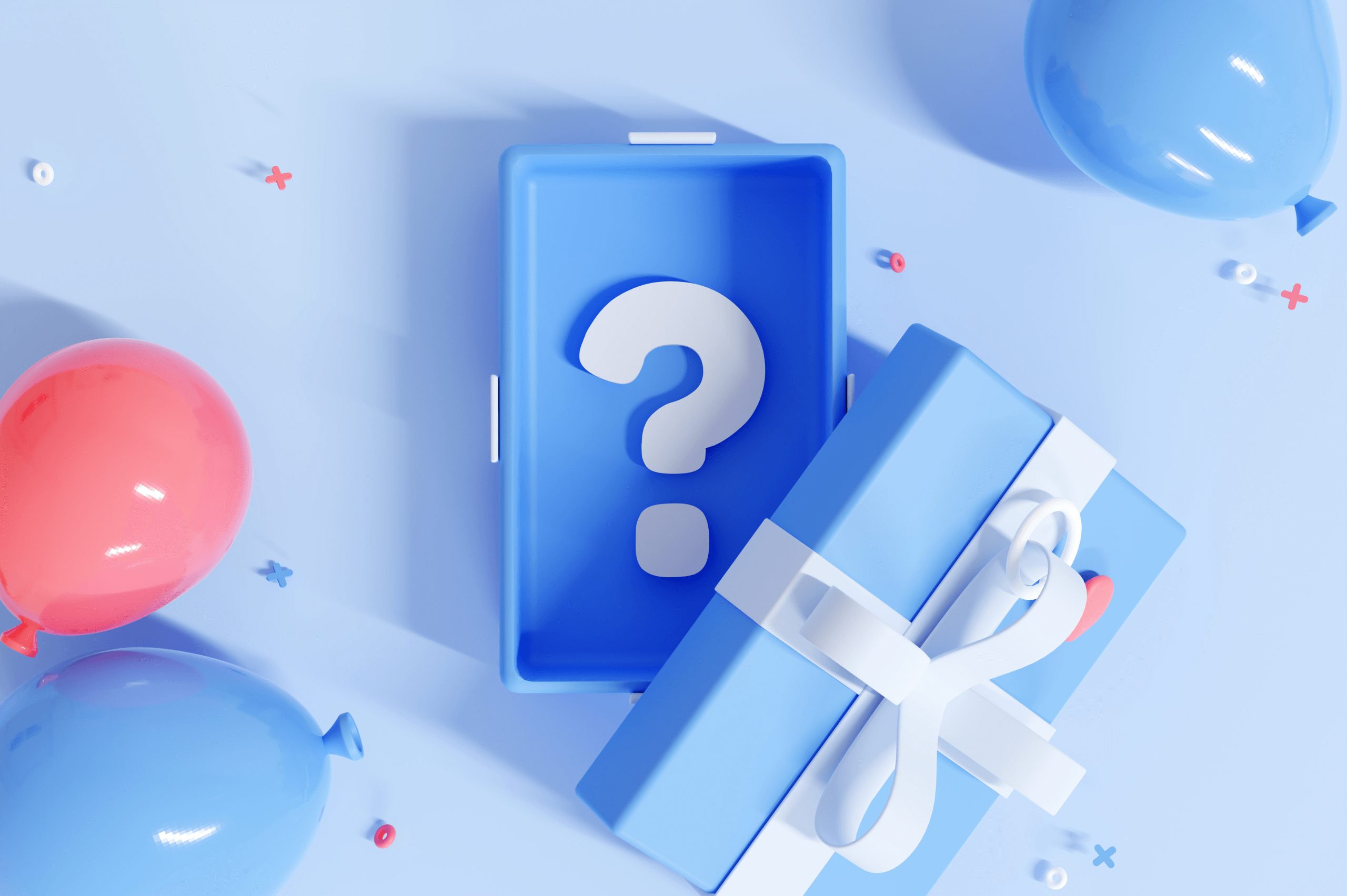 A social media giveaway half-open blue mystery box with a question mark inside it