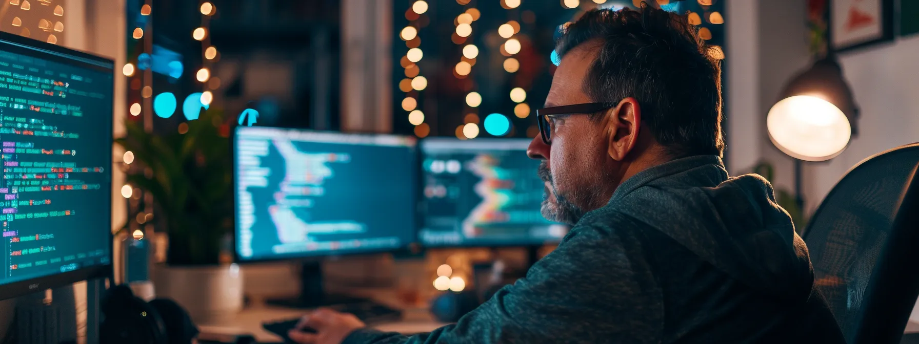 a professional web developer working late at night, surrounded by multiple computer screens displaying lines of code and graphs, highlighting the importance of ongoing support services for websites.