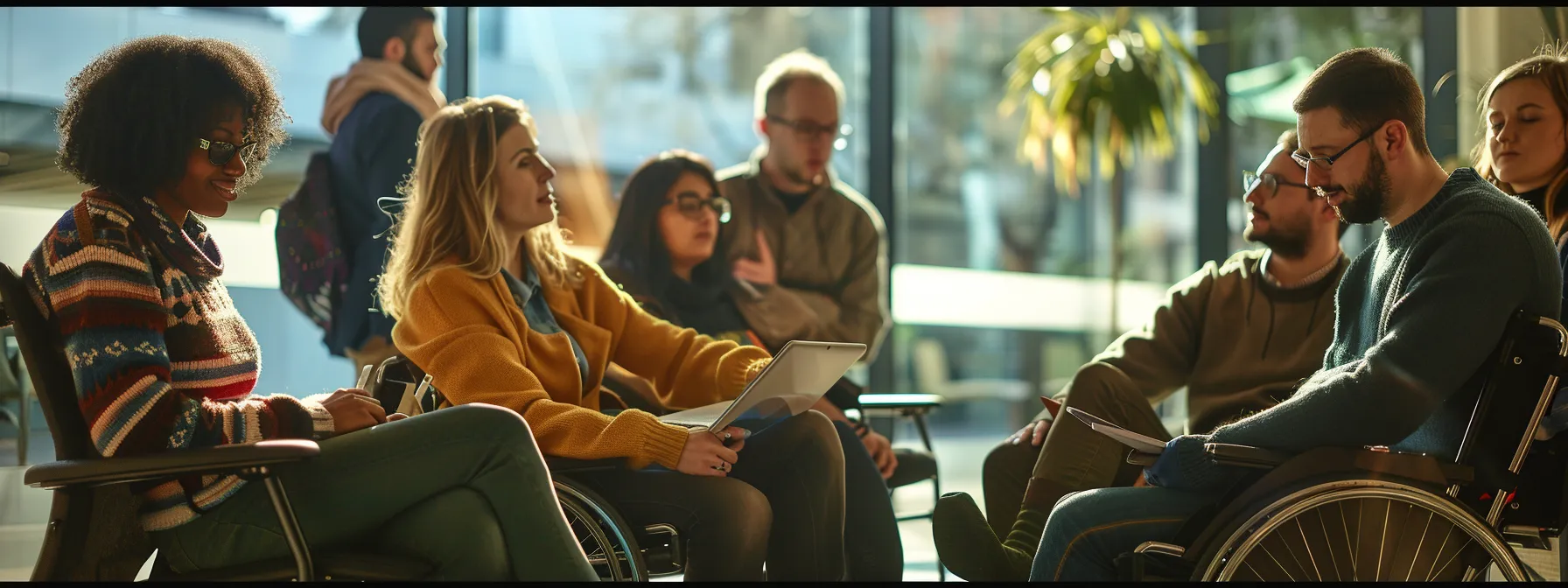 a diverse group of individuals with disabilities testing a user-friendly interface on various devices.