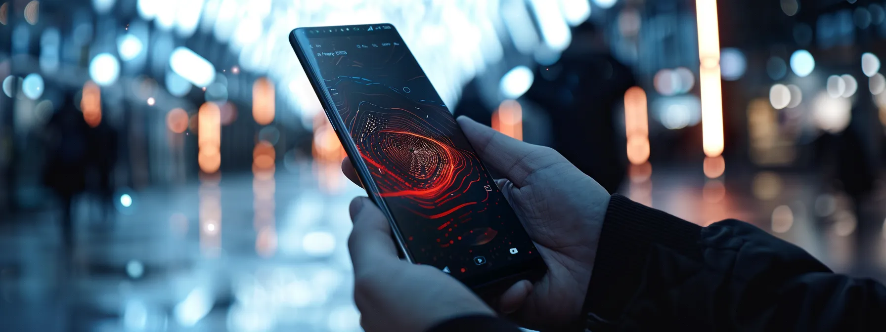 a person holding a sleek smartphone with a futuristic, minimalist mobile interface on the screen.