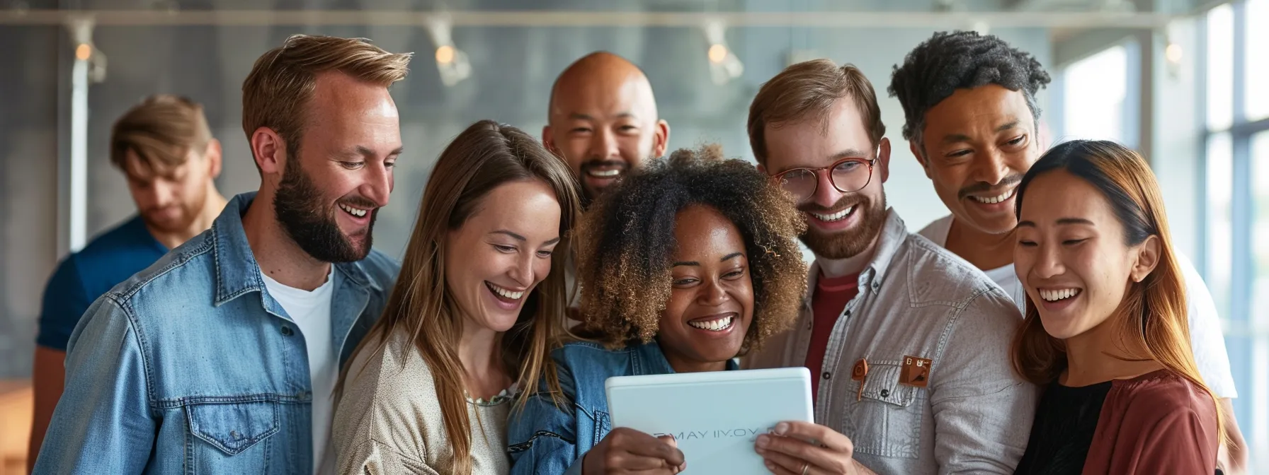 a diverse group of people using a user-friendly interface with clear, large buttons and simple navigation on a tablet device.