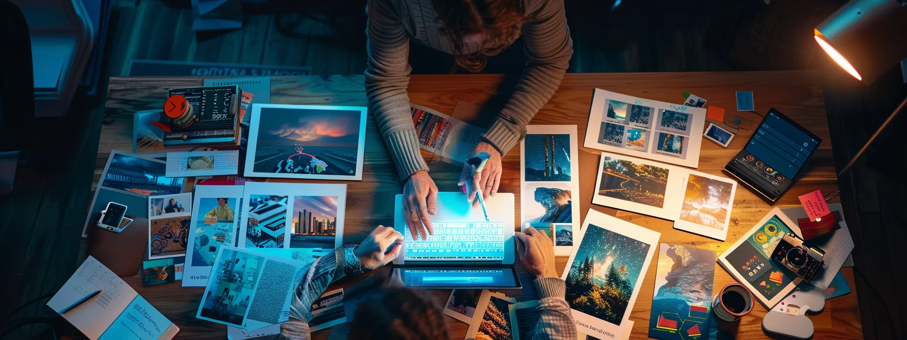 a business owner arranging a collection of vibrant images, sleek logos, and engaging media files on a polished wooden table in preparation for a website design consultation.