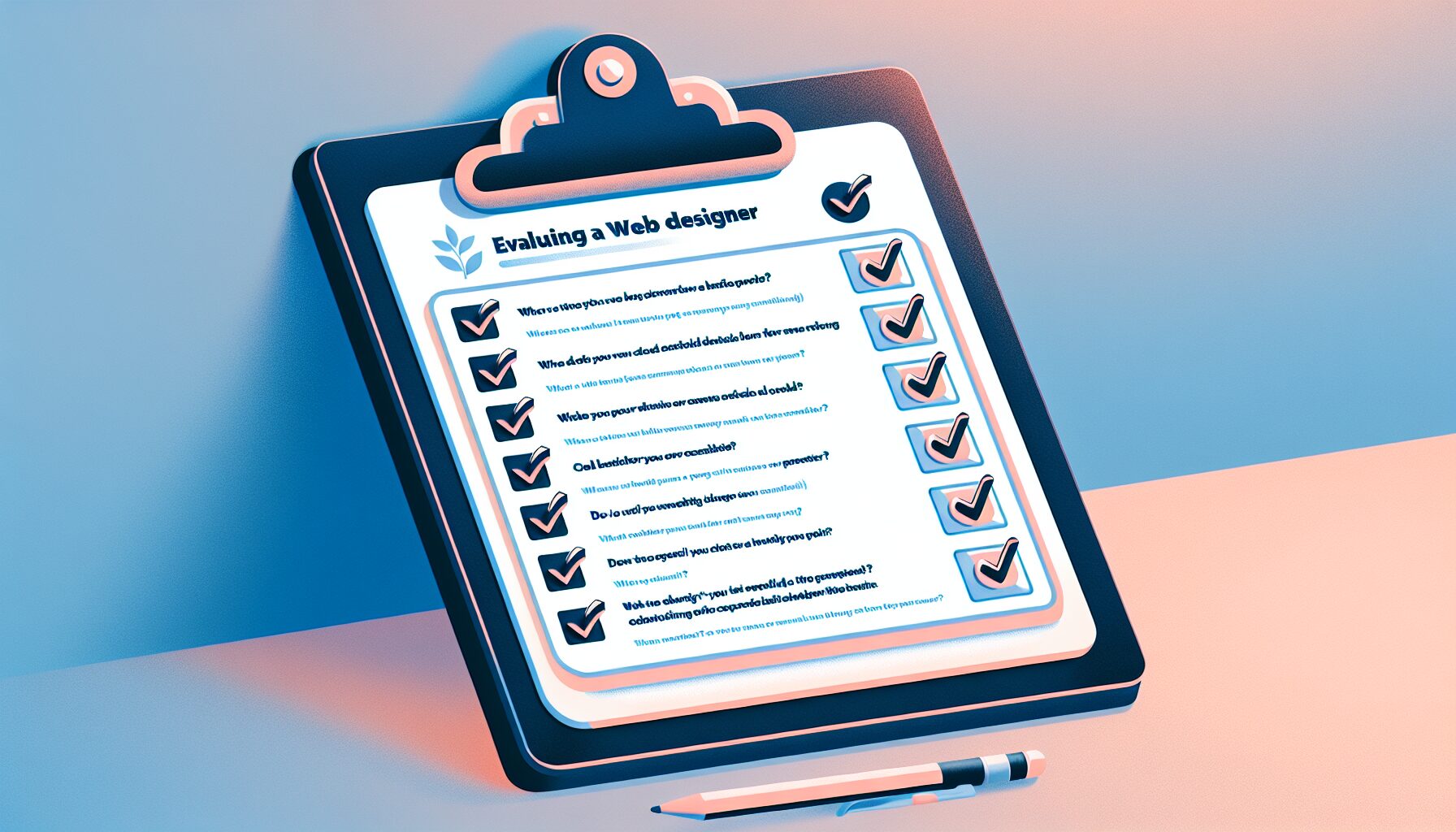 A checklist of questions to ask a potential web designer, emphasizing thorough evaluation.