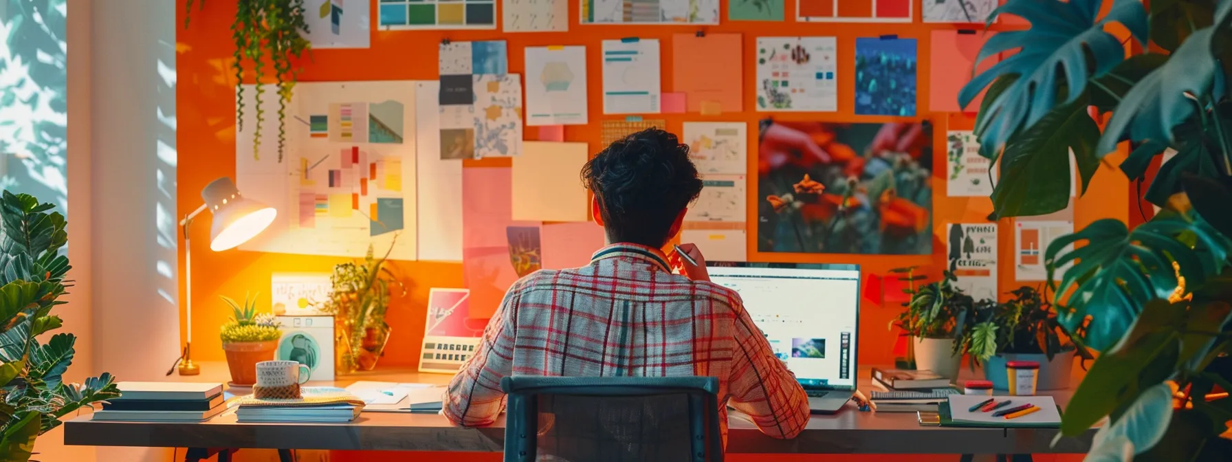 a professional designer sitting at a sleek desk, surrounded by colorful mood boards and a laptop displaying various website designs.