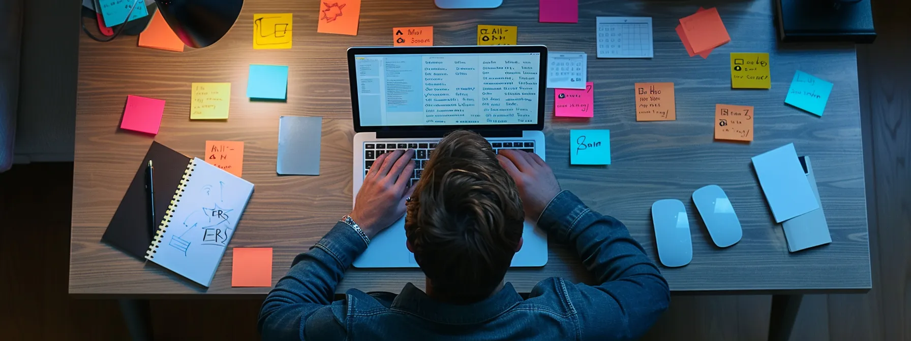 a person sitting at a sleek desk, typing on a laptop surrounded by colorful sticky notes and a notebook filled with brainstormed ideas for writing meta descriptions in a creative and strategic manner.